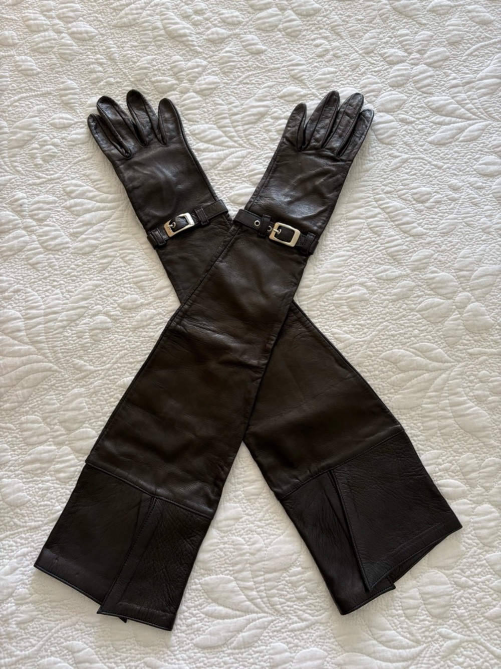 Long Black Leather Opera Gloves with Cuff, Wrist Strap with Buckle